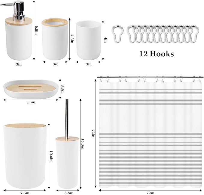 Britimes Bathroom Accessories Sets, White Shower Curtain Set with Trash Can, Soap Dispenser, Toilet Brush Holder, Toothbrush Holder and Toothbrush Cup for Bathroom Decor 72"*72"