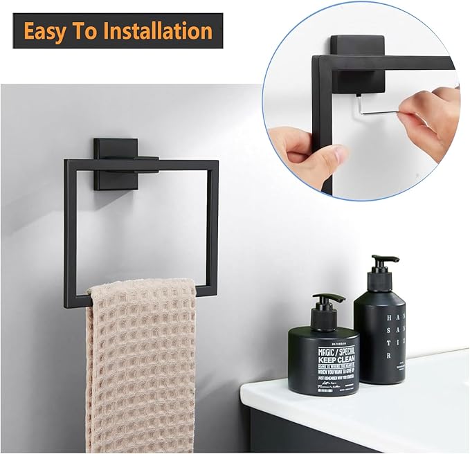 2-Piece Towel Ring - Thicken SUS 304 Stainless Steel Towel Holder, Towel Racks for Bathroom, Square Modern Design Hand Towel Holder, Contemporary Hand Towel Bar - Matte Black