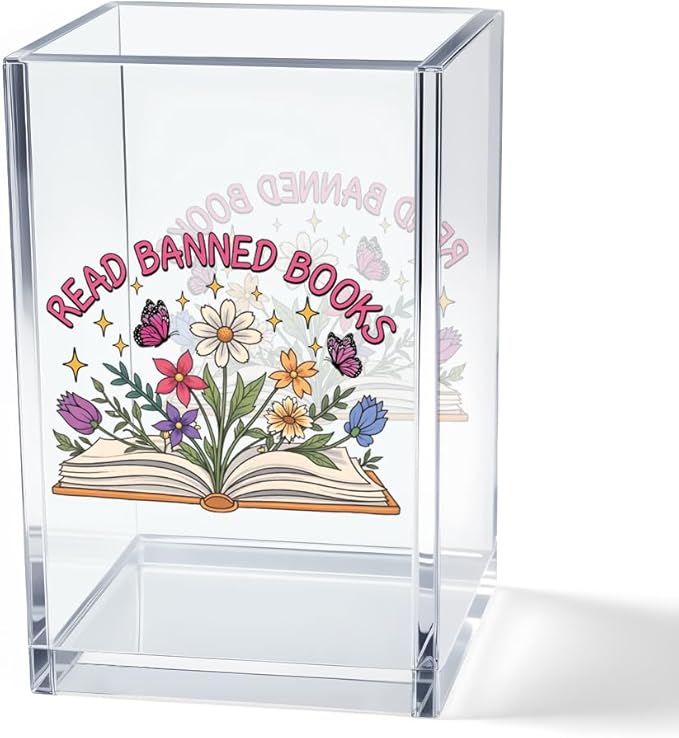 Read Books Acrylic Pencil Pen Holder Cup, Floral Reading Bookmark Holder for Book Club Library Bookshelf Desk Decor, Book Lover Gifts for Women Men Teens Teachers Bookworms Librarians Readers