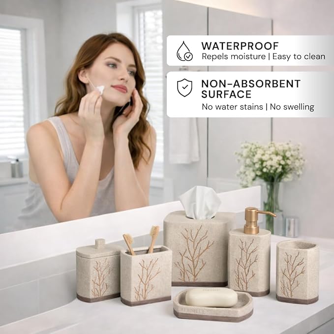 Decozen Bathroom Accessories 6Pcs Set, Soap Dispenser, Toothbrush Holders, Tumbler, Soap Dish & Cotton Swab Jar – Modern Bathroom Decor, Modern Farmhouse Decor, Countertop Accessories, Beige Brown