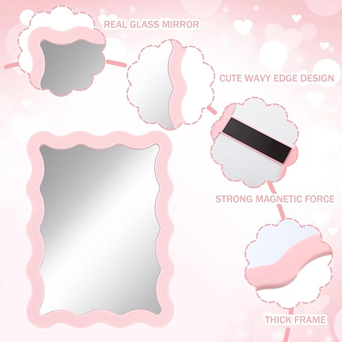 Leinuosen 1 Pcs Scalloped Magnetic Locker Mirror Small Real Glass Makeup Mirror with Magnetic Backing Cute Locker Decorations for Office Cabinet Lockers Accessories (5 x 7 Inch,Pink)
