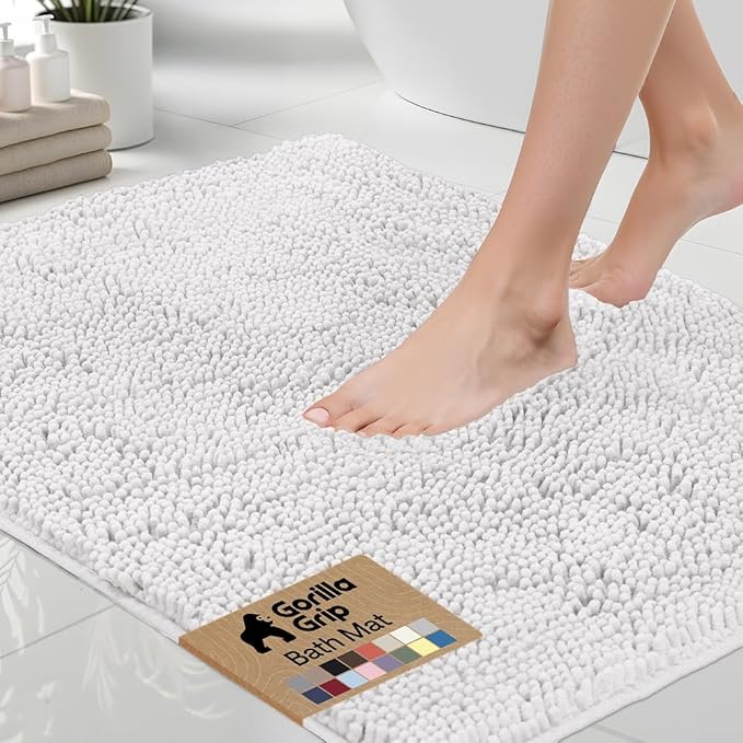 GORILLA GRIP Bath Rug Mat 54x24, Thick Soft Absorbent Chenille, Quick Dry Microfiber Mats, Rubber Backing Washable Shower Floor Rugs, Bathmat Runner, US Designed Bathroom Home Decor Accessories White