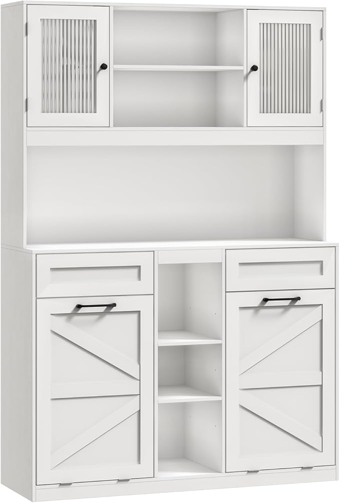 Tall Tilt-Out Double Laundry Hamper Cabinet with 2x11-Gallon Hidden Laundry Basket, Tilt Out Trash Bin Cabinet with Fluted Glass Doors, Farmhouse Wooden Bathroom Storage with Push Doors, White