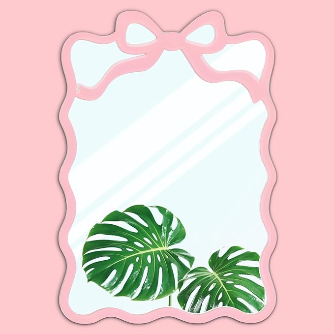 FYSUIMU Pink Bow Locker Mirror 5.5 x 7.5 Inch Small Acrylic Wall Mirror with Adhesive Backing Scalloped Coquette Bowknot Makeup Mirrors Cute Lockers Decoration for Women Girls Dorm Office School