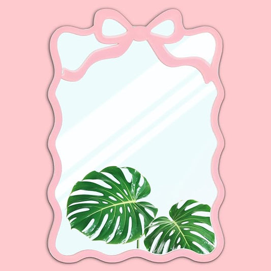 FYSUIMU Pink Bow Locker Mirror 5.5 x 7.5 Inch Small Acrylic Wall Mirror with Adhesive Backing Scalloped Coquette Bowknot Makeup Mirrors Cute Lockers Decoration for Women Girls Dorm Office School