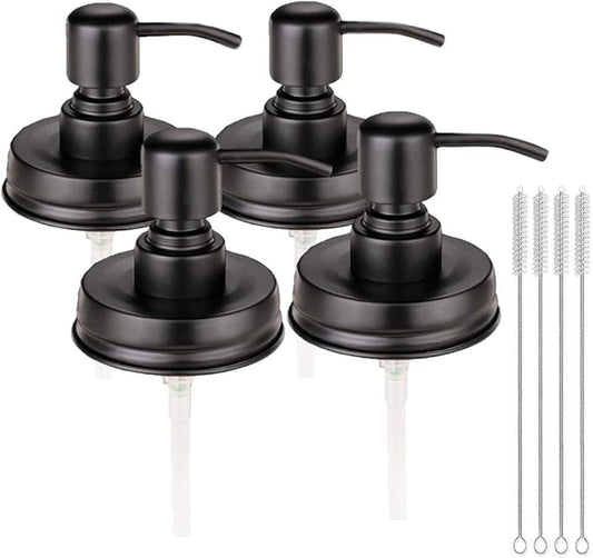 4 Pack Mason Jar Soap Dispenser Lids with Pumps, Rustproof Stainless Steel, Lotion Soap Dispenser Lids Replacement for 16 oz Regular Mouth Mason Jar Decor, 4 Brushes Included Black