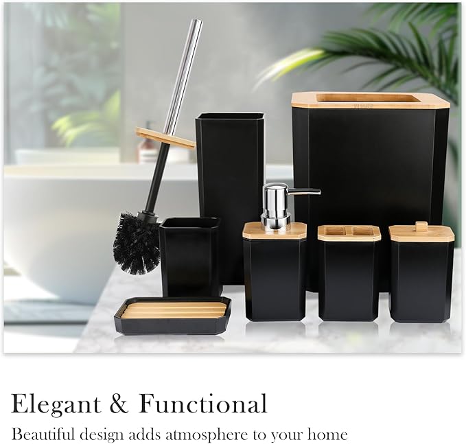 CERBIOR Bathroom Accessories Set 7 Piece Bath Ensemble Includes Soap Dispenser, Toothbrush Holder, Toothbrush Cup, Soap Dish for Decorative Countertop and Housewarming Gift (Black)