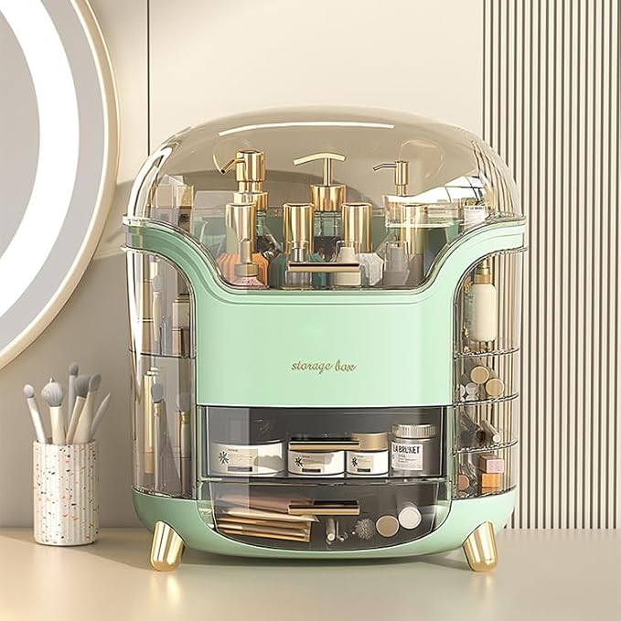 Professional Makeup Organizer Box and Cosmetic Display Case for Perfume, Lotion, Skincare Creams, Brushes, and Accessories, Large Vanity Storage, Rotating Drawers-Green