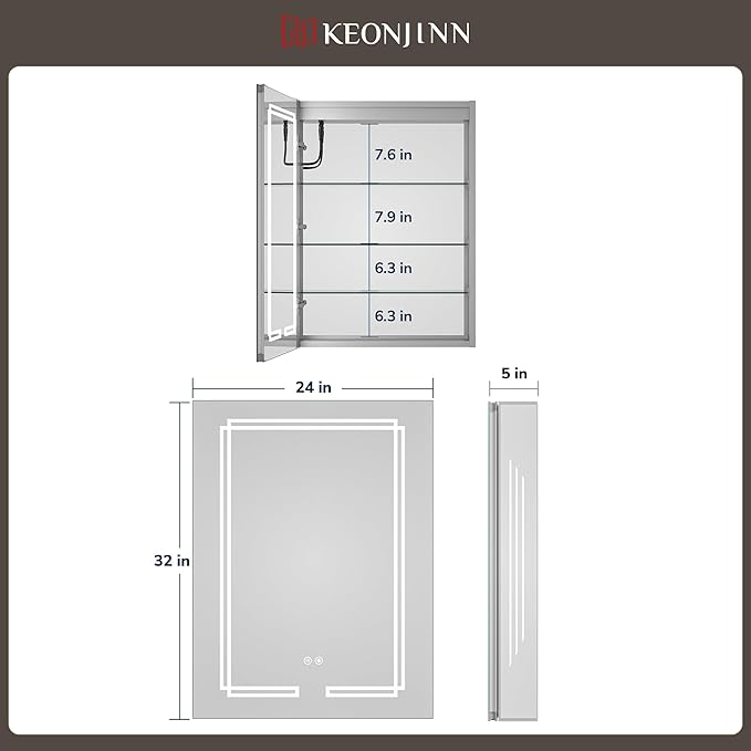 Keonjinn 24 x 32 Inch Medicine Cabinet with Lights, Bathroom LED Medicine Cabinet Mirror, Tempered Glass, UL-Listed, Adjustable Shelves, No Outlets, 3 Color Temperature, Dimmable, Wall Mount Only