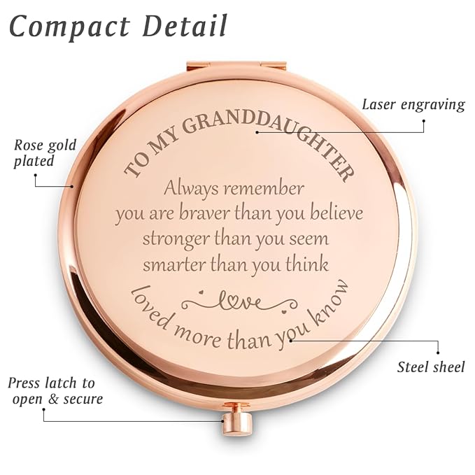 Personalized Gifts for Granddaughter, Inspirational Granddaughter Gifts for Birthday, Engraved Compact Mirror, Graduation Mothers Day Basket Stuffers