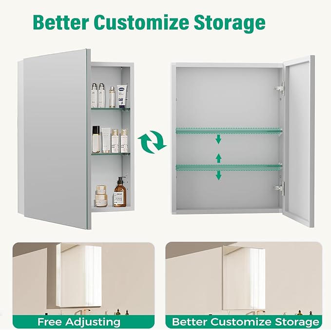 20 x 26 in Medicine Cabinet Mirror,Bathroom Mirror Cabinet with Adjustable Shelves,Aluminum Silver Medicine Cabinets for Bathroom,Recessed or Wall Mounted Medicine Cabinets（Assembly Required