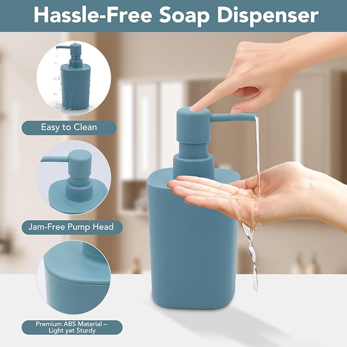 4 Piece Bathroom Accessories Set, Plastic Bathroom Accessory Set- Square Toothbrush Holder Set, Soap Dispenser, Toothbrush Holder, Mouthwash Cup, Soap Dish, Boho Modern Decor for Home, Blue