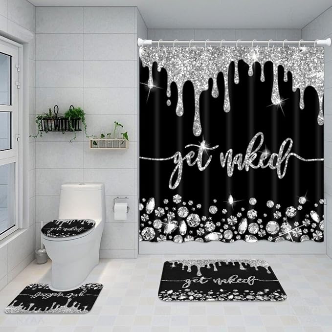 ArtSocket 4PC Silver Get Naked Shower Curtain Sets Diamond Bathroom Decor with Rugs, Non-Slip Rug,Toilet Lid Cover, Bath Mat and 12 Hooks 72x72 inches