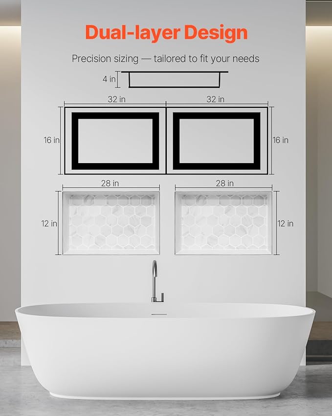 VEVOR Shower Niche, 16 x 32 inch + 16 x 32 inch Recessed Wall Niche with Movable Shelf, 4 inch Thick Modern Soap&Shampoo Storage Organizer,Square Corners,Sealed Waterproof,Black for Bathroom Shower