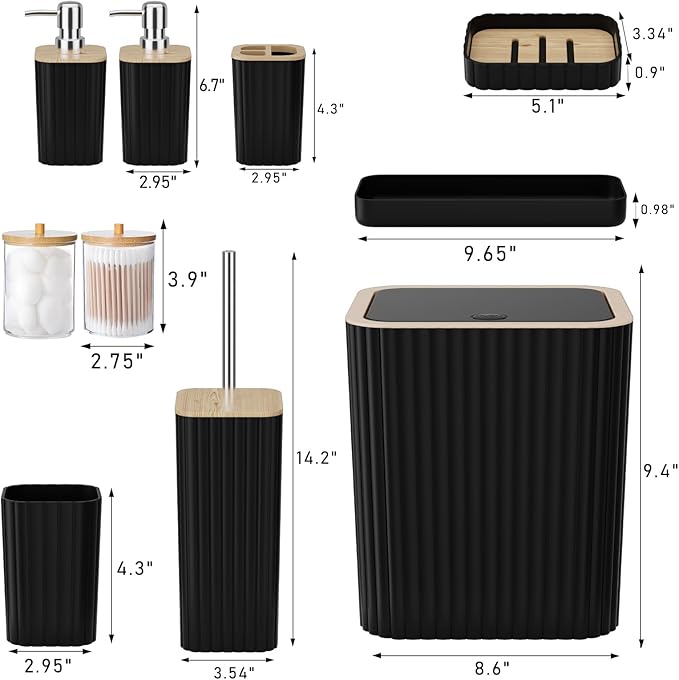 XLHOMO Bathroom Accessories Set - Elegant Black Bathroom Set, 10PC Bathroom Accessory Set, Toilet Brush, Trash Can, Qtip Holder Dispenser & Soap Dispenser