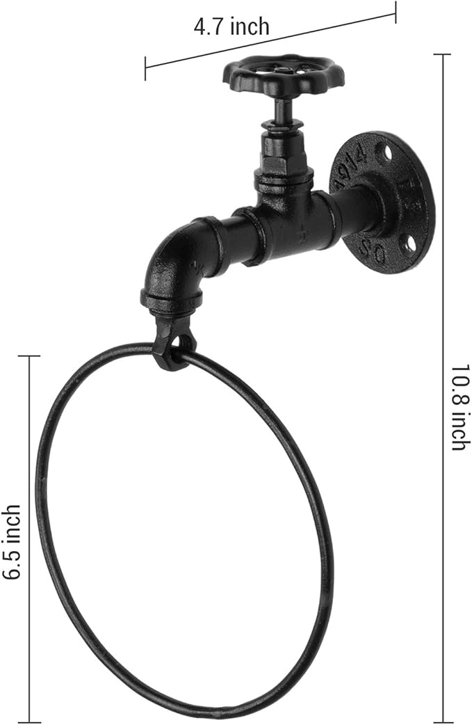 MyGift Hand Towel Holder Ring, Bath Towel Hanging Rack Wall Mounted, Industrial Bathroom Accessories, Farmhouse Decor, Faucet Pipe Metal Black