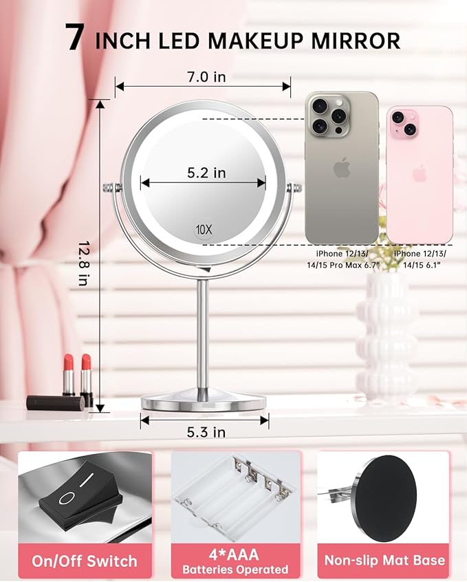 Gospire 7" Lighted Makeup Mirror with Magnification 10X/1X Double Sided, Round Magnifying LED Vanity Standing Cosmetic Shaving Mirror with Battery Operated, Cordless Portable for Bathroom Bedroom