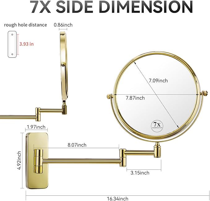 Nicesail Makeup Mirror, Wall Mounted 7X Magnifying Mirror Vanity Mirror for Bathroom, Extendable Swivel, Brass and 304 Stainless Steel Material for Hotel or Home, Shiny Gold Finish (8 Inch, 7X)