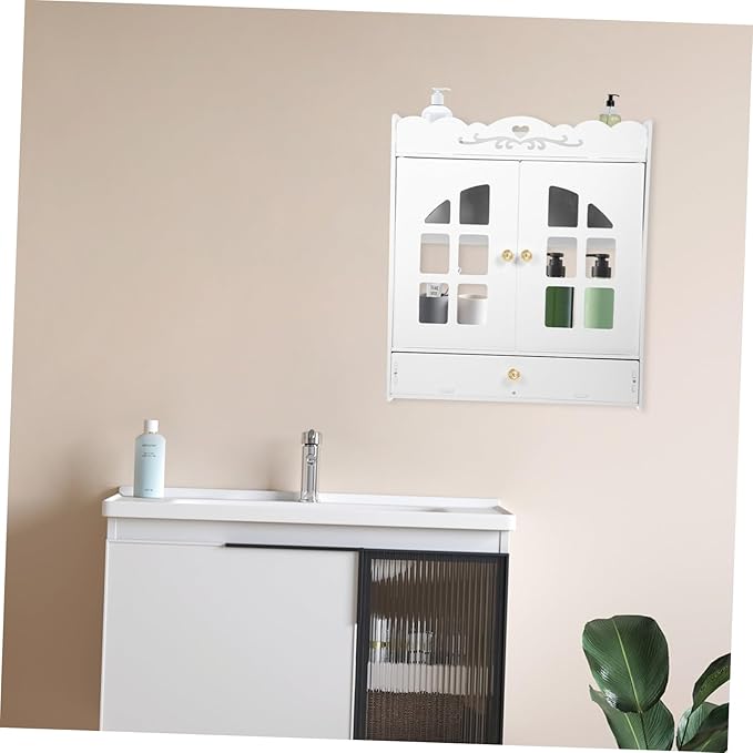 Wall-Mounted Bathroom Cabinet Organizer with Double Doors Vintage Cosmetic Storage Shelf for Toilet Area Multifunctional Space-Saving Locker Shelf