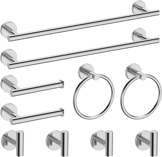 Newfun 10-Pieces Bathroom Hardware Set, Includes 24 Inch Towel Racks for Bathroom Wall Mounted, Toilet Paper Holder, Towel Hooks for Bathrooms, Towel Rings for Bathroom Wall (Polished Chrome)