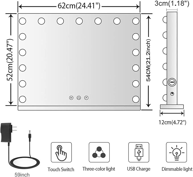 Kottova 24.4"x21.2" Vanity Mirror with Lights, Lighted Makeup Mirror with 3 Dimmable Color Modes,17 LED Hollywood Mirror with Touch Control, USB Charging Port, Tabletop & Wall-Mounted (White)