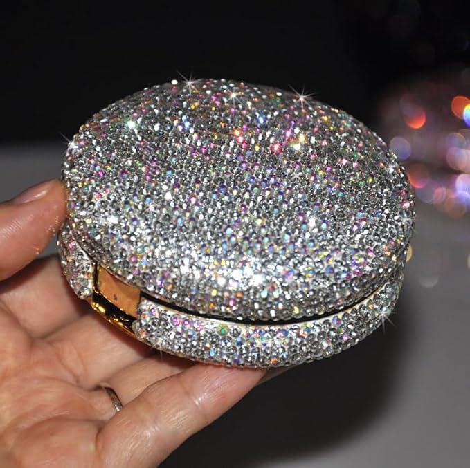 Bling Diamond Makeup Powder Empty Container, Cushion Foundation Case with Round Mirror, Air Cushion Puff Case, Foundation BB Cream Box -White