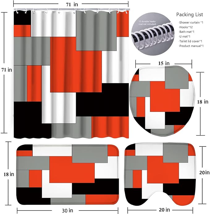 Poedist 4 Pcs Bathroom Decor Shower Curtain Set with Rugs and Accessories,Red and Black Geometric Squares Shower Curtain Sets Include Bath Mat,U Shape and Toilet Lid Cover Mat,with 12 Durable Hooks