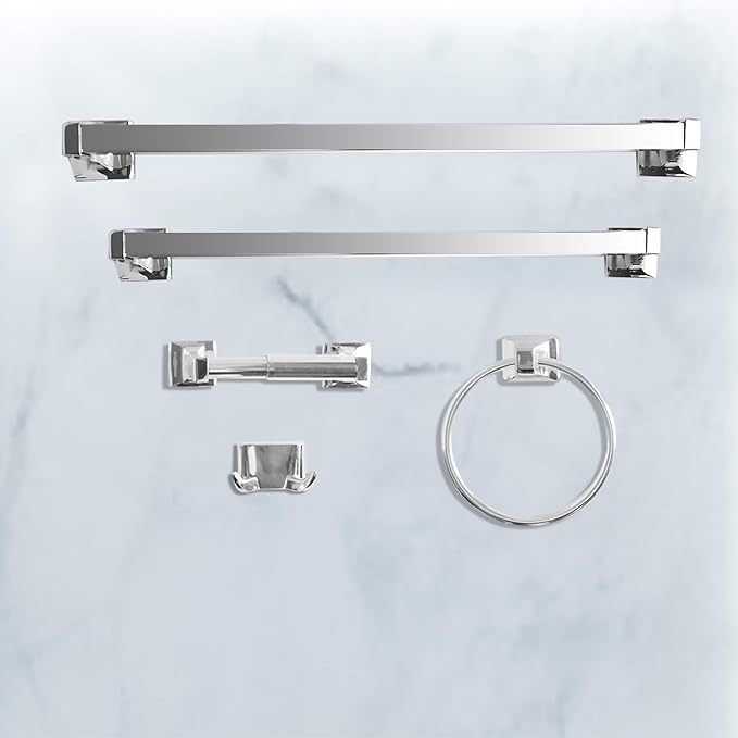 SENTO Cellar Classic Bathroom Accessories Set, Heavy Duty Metal Bath Hardware Set Wall Mounted, Includes Robe Hook, Toilet Paper Holder, Towel Ring, 18” & 24” Towel Bar (5-Piece, Polished Chrome)