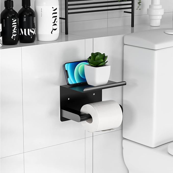 GLNLQ Matte Black Toilet Paper Holder with Shelf, Fits Mega Rolls, Rustproof Stainless Steel, Self Adhesive Wall Mount Toilet Paper Roll Holder, for Bathroom, Washroom, Kitchen, RV
