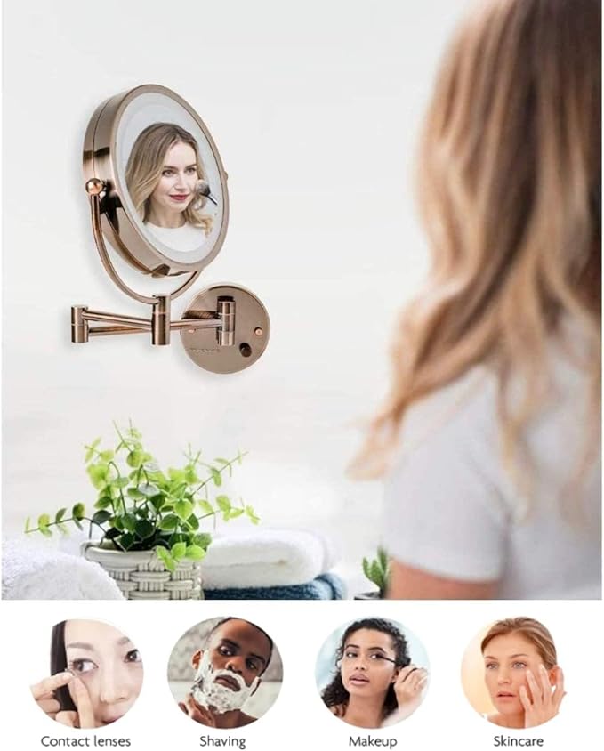 OVENTE Wall Mounted Lighted Makeup Vanity Mirror, 9" Hard Wired Double Sided 1X/7X Magnifying Bathroom Mirror, Dimmable LED Lights, 360° Rotation and 14" Extendable Arm, Antique Brass MPWD3185AB1X7X