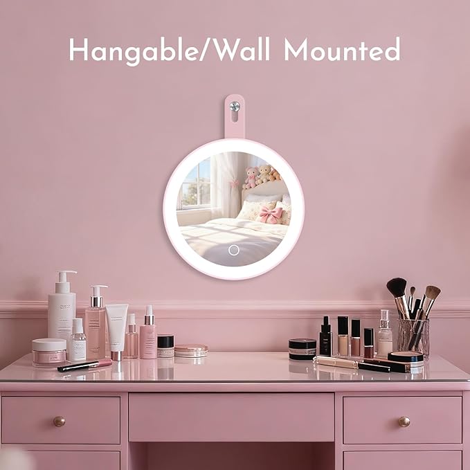 Makeup Mirror with Lights, 4-in-1 Rechargeable Magnetic 360° Rotation Pink Vanity Mirror, 3 Colors & Brightness Adjustable, Detachable, Lighted Makeup Mirror for Desk, Travel