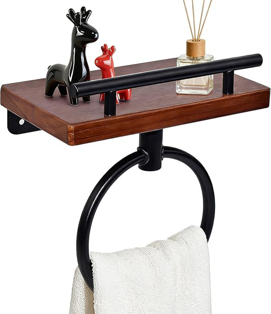 Stainless Steel Towel Ring Towel Rack Towel Holder with Wooden Shelf Rustic Towel Ring Wall Mount Heavy Duty Bath Towel Racks for Bathroom (Dark Brown, 6.5'' x 6.5'')