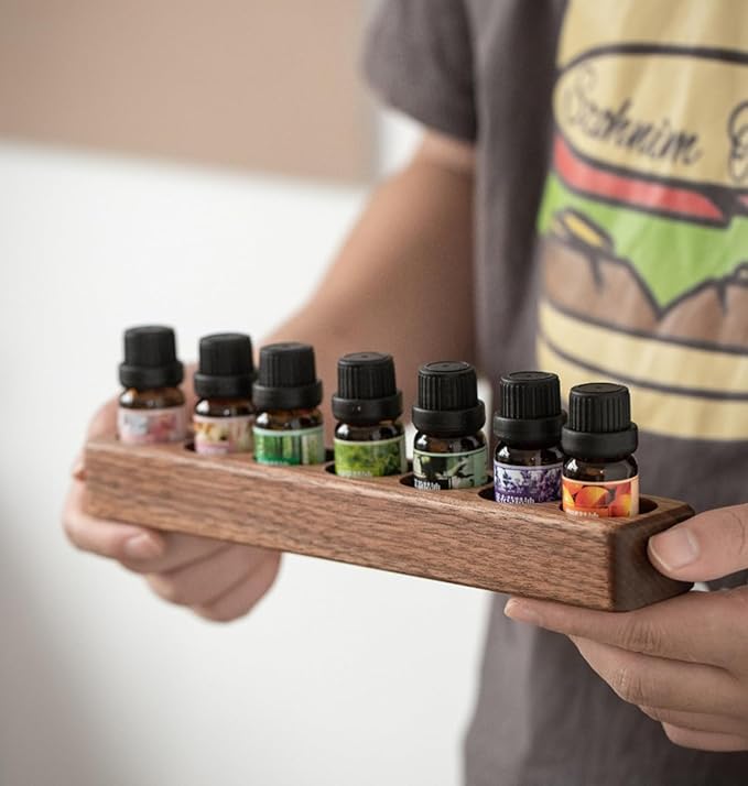 Wooden 7/14 Slots Essential Oil Organizer, Nail Polish Shelf, Durable wood Makeup Display Stand, Makeup Storage Rack for Tabletop Essential Oils Perfume Rack for 10-20ml Bottles (7 Slots)
