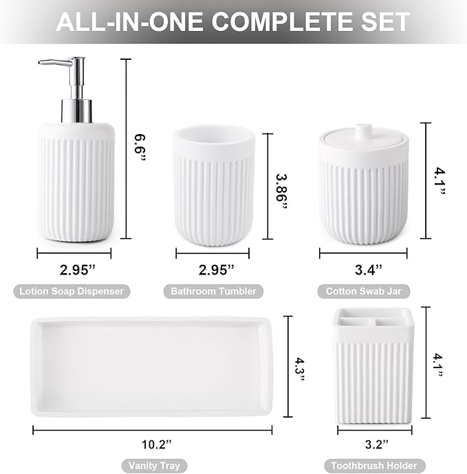 XLHOMO Resin White Bathroom Accessories Set 5 Pcs, Lotion Soap Dispenser, Toothbrush Holder, Bathroom Tumbler, Qtip Holder and Vanity Tray, Bathroom Countertop Organizer Set for Modern Home Apartment