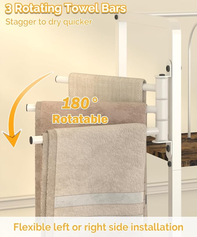 Mondazie Free Standing Towel Racks for Bathroom with 3 Rotating Bars, 3-Tier Floor Towels Holder Stand with Detachable Dividers, Pool Towel Storage Organizer with 8 S-Hooks for Home, Poolside, White