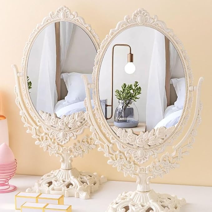Retro Double Sided Tabletop Makeup Mirror, Oval Swivel Desktop Stand Mirror, 360 Degree Rotation Vintage Two-Sided Makeup Mirror