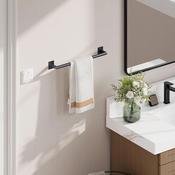 USHOWER Matte Black Towel Bar, 18 Inch Towel Racks for Bathroom Wall Mounted, Heavy Duty Stainless Steel Towel Holder, Easy Installation (Total Length 20 Inch) (Pack of 2)