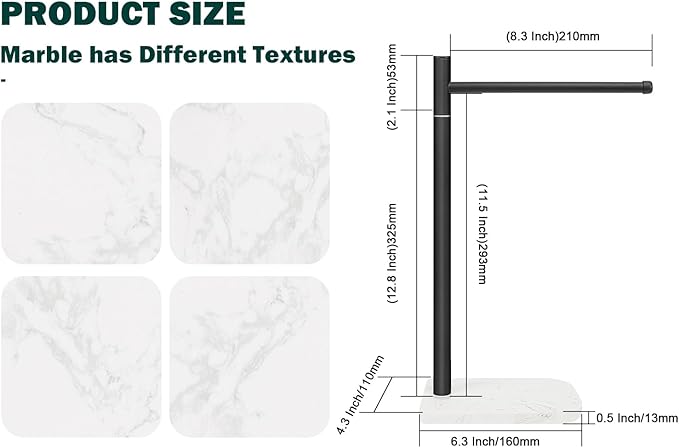 Hand Towel Holder, L-Shape Hand Towel Stand with Marble Base, Stainless Steel Swivel Hand Towel Rack Standing Towel Bar for Bathroom Kitchen Countertop, 1 Arm (Matte Black)