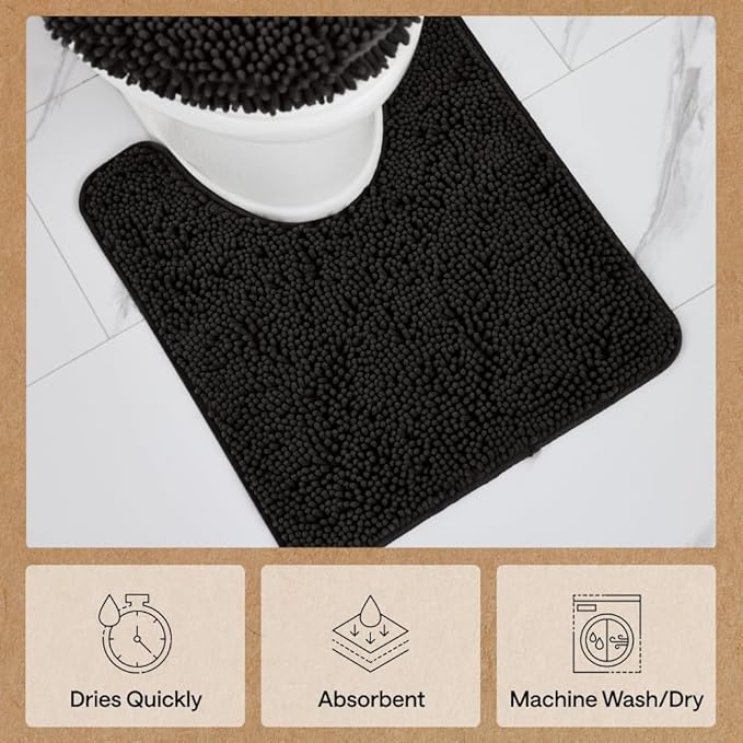 GORILLA GRIP Plush Absorbent Shaggy Chenille Bath Rug Mat for Oval Toilet Base with Rubber Backing, Machine Washable Rugs, Soft Microfiber Contour Mats for Toilets, Bathroom Decor, Black
