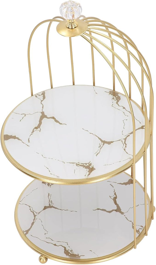 Double Layer Storage Shelf, Bird Cage Organizer Display Rack with Sturdy Metal Glass Frame, for Bathroom Countertop Dressing Table (White Base Gold Pattern)