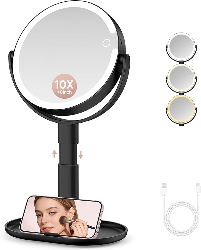 Lighted Makeup Mirror with 10X Magnification, Rechargeable LED Magnifying Vanity Mirror with 3 Lights, Adjustable Height, Storage Base and Phone Holder, Black, 8 inch