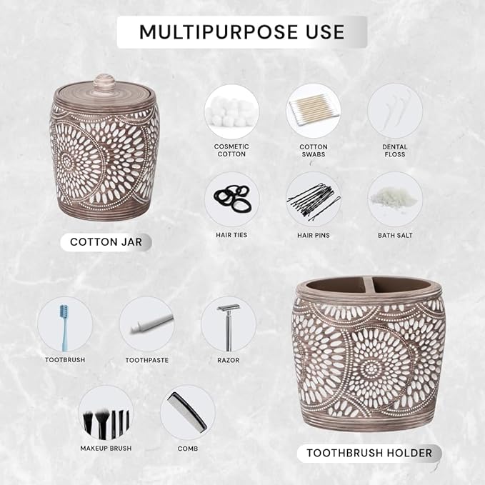 Decozen Bathroom Accessories 6Pcs Set, Soap Dispenser, Toothbrush Holders, Tumbler, Soap Dish & Cotton Swab Jar – Modern Bathroom Decor, Modern Farmhouse Decor, Countertop Accessories, Ciccone