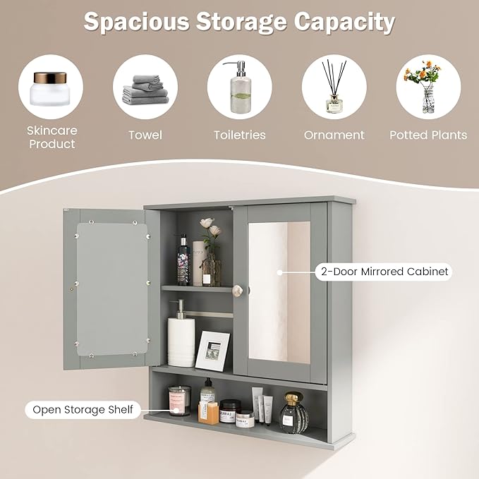 COSTWAY Bathroom Cabinet Wall Mount, Wooden Medicine Cabinet with 2 Mirror Doors, Adjustable Shelf, Open Compartment, for Laundry, Living Room, Kitchen, Gray