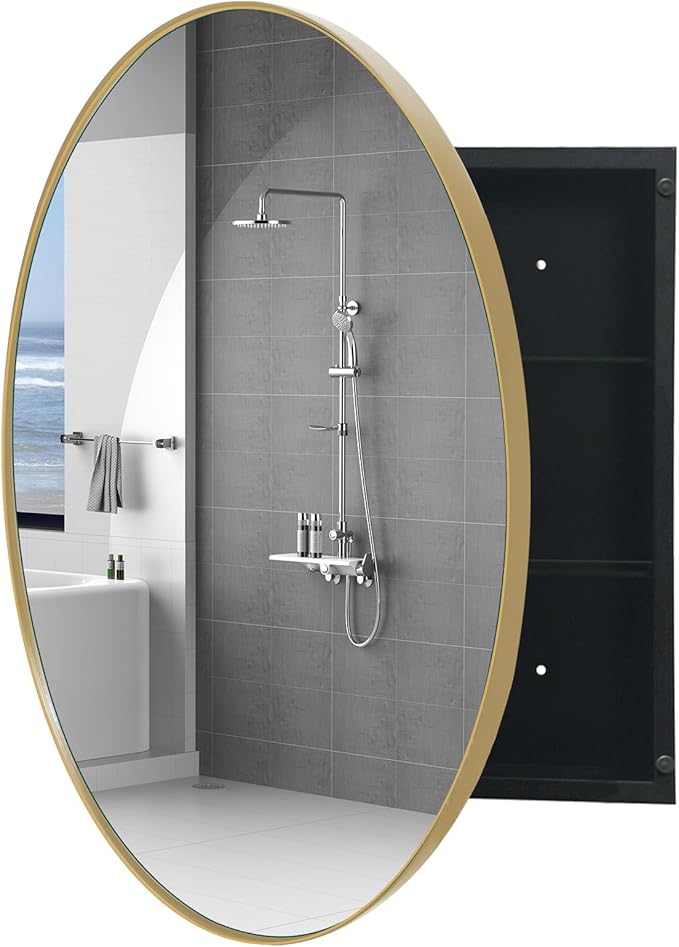 FOAMYKO Round Medicine Cabinet, Circular Bathroom Mirror Cabinet, Wall Surface Mounted Storage Farmhouse Cabinet (Gold, 30"x30")