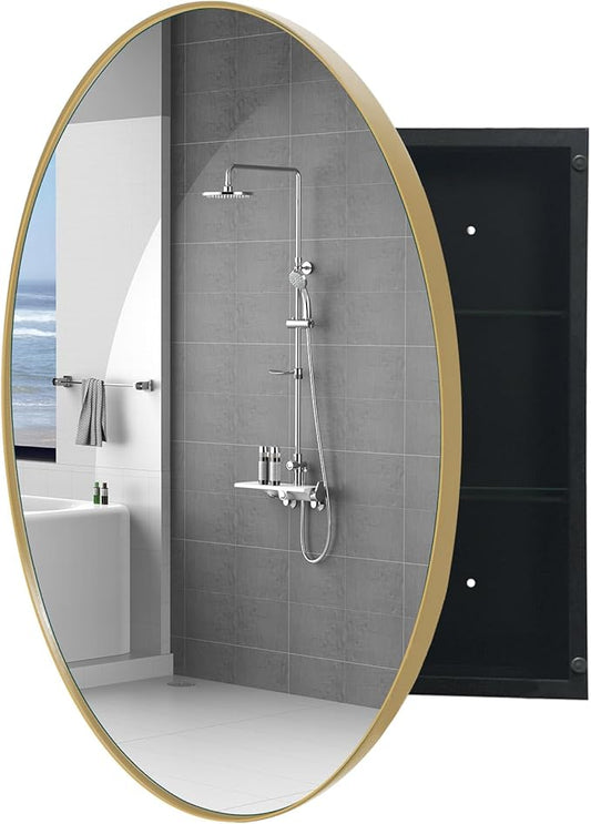FOAMYKO Round Medicine Cabinet, Circular Bathroom Mirror Cabinet, Wall Surface Mounted Storage Farmhouse Cabinet (Gold, 30"x30")