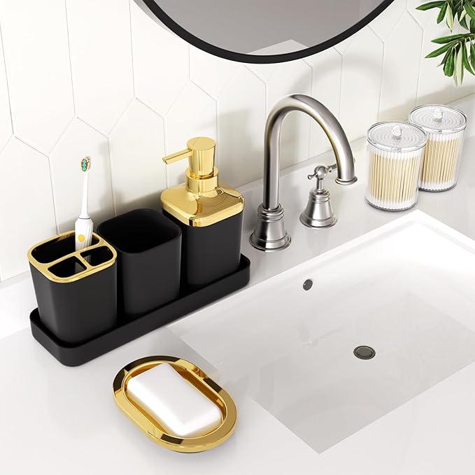 XLHOMO Bathroom Accessories Set - Luxury Black Bathroom Set, 9 Pieces Bathroom Accessory Set, Black Bathroom Accessories with Trash Can, Toilet Brush & Soap Dispenser