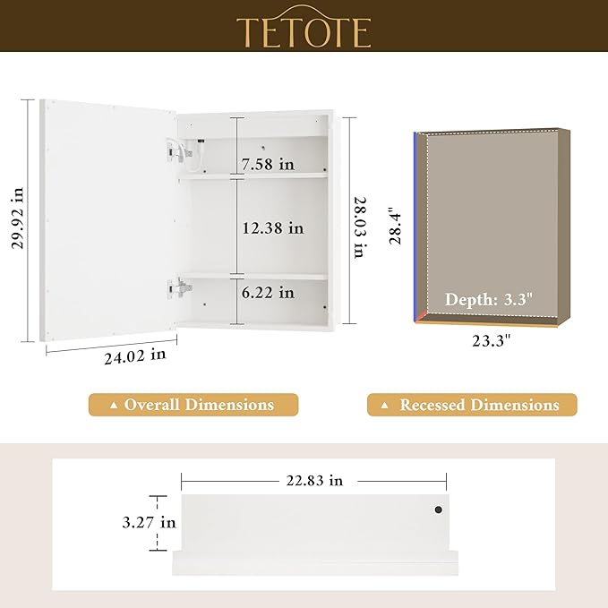 TETOTE 24 x 30 White Led Lighted Medicine Cabinet Mirror with 3-Color Lights, Wall Mount or Recessed Cabinet Mirror for Bathroom with Storage, Tempered Glass, 2 Outlets, Anti-Fog, Adjustable Shelf