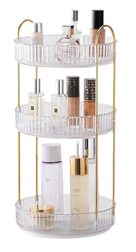Makeup Organizer for Vanity, 360?? Rotating Bathroom Organizer Countertop, High-Capacity Skincare Organizer, Spinning Cosmetics Organizer for Dresser Countertop (3 Tiers, Clear)