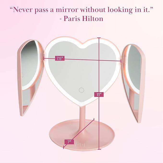 Paris Hilton Heart Makeup Vanity Mirror, LED Light with Touch Control, 180° Rotation, Tri-Fold Design, Tray Stand for Accessories, Pink