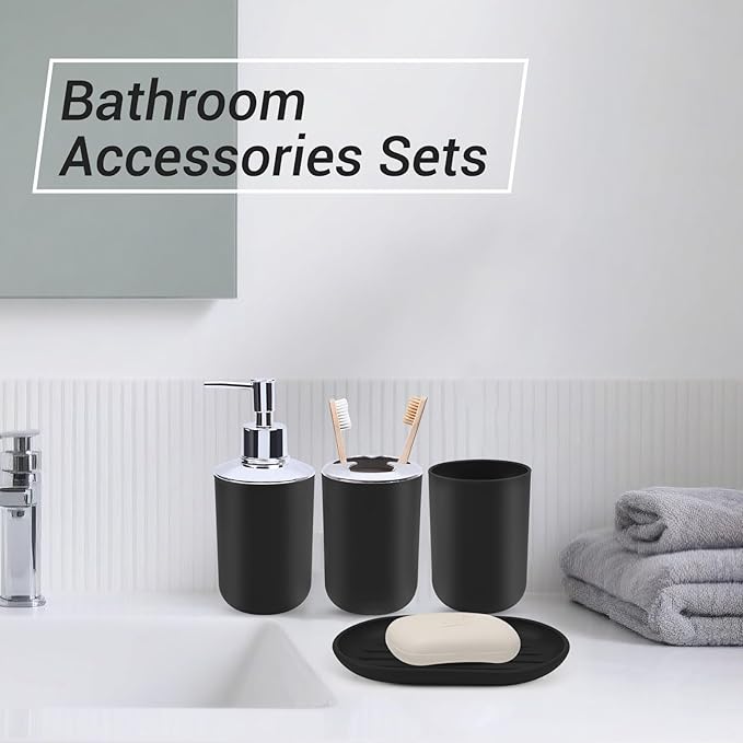 Matte Black Bathroom Accessories Set, 4-Piece Plastic Black Bathroom Organizer with Soap Dispenser, Toothbrush Holder, Rinse Cup & Soap Dish, Classic Black Bathroom Decor